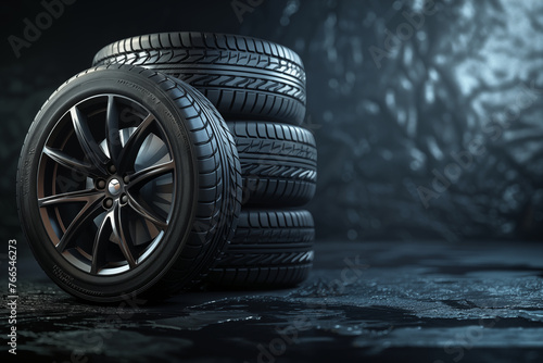 Tires isolated on dark background, space for banner text