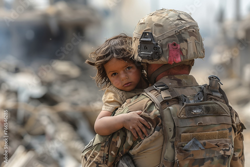 soldier in military equipment carries a child who survived the war's ruins