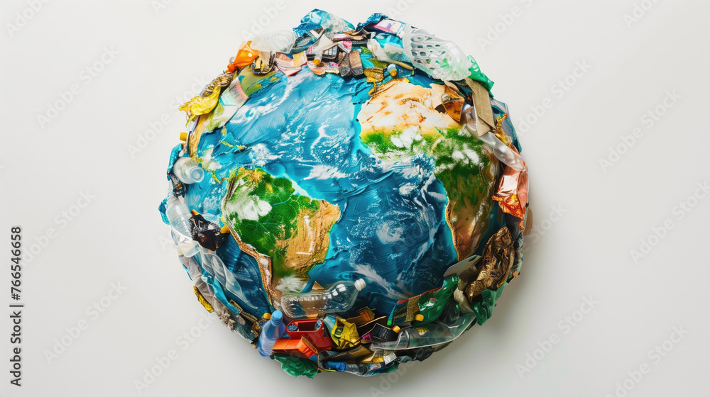 A crumpled Earth globe made from various pieces of trash symbolizes environmental issues and the urgency of recycling. A crumpled Earth globe made from various pieces of trash symbolizes environmental issues and the urgency of recycling.