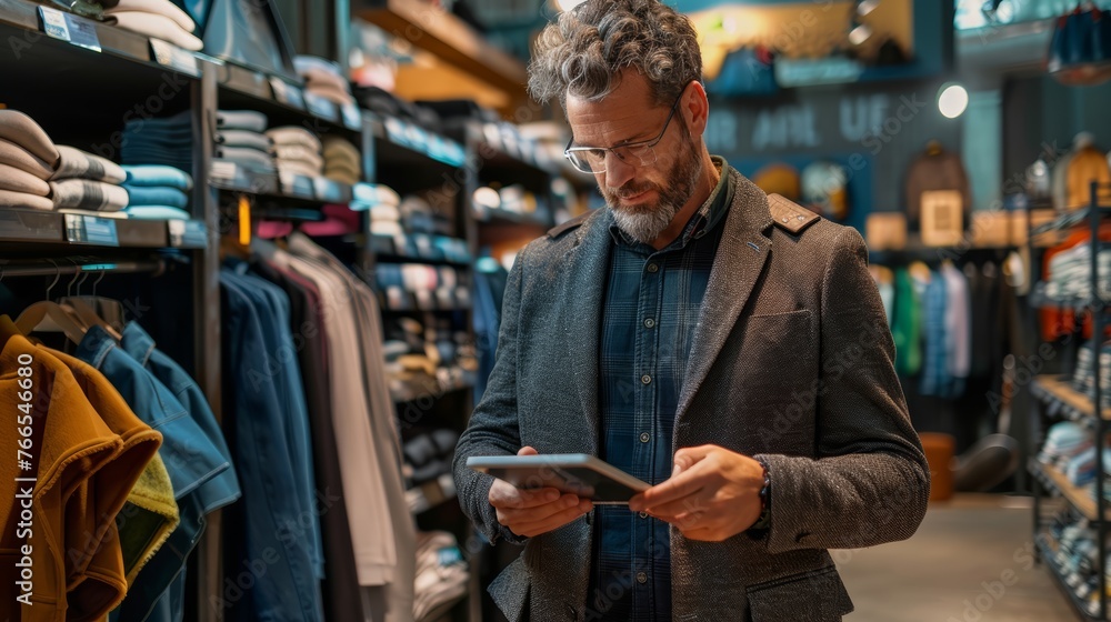 Focused mature man browsing on tablet in apparel shop. Modern shopping and technology concept
