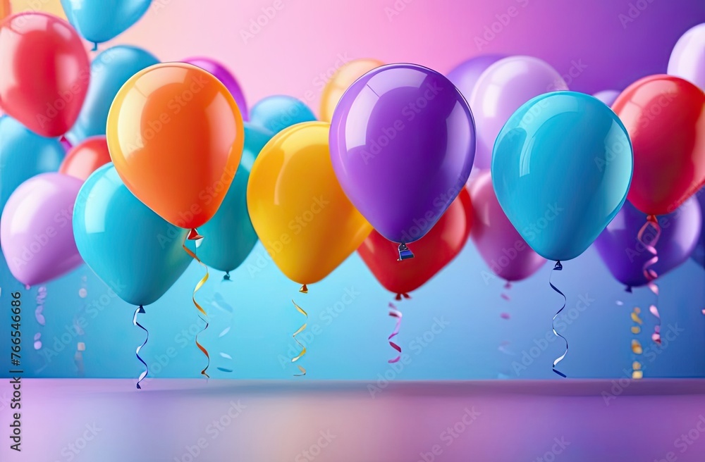 Set of some multicolored helium balloons floating on blurred colorful background. Balloons for birthday, party, wedding or promotion banners or posters. 