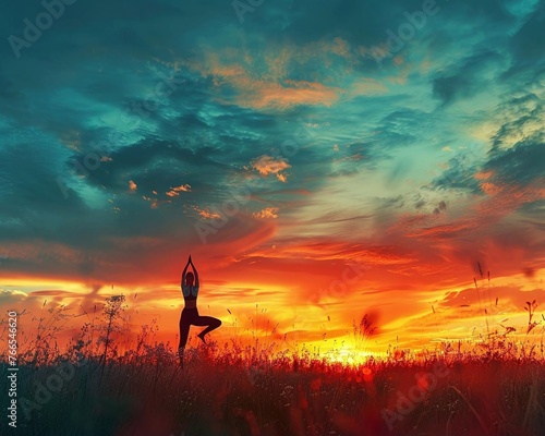 Serene yoga silhouette at sunset in tranquil meadow