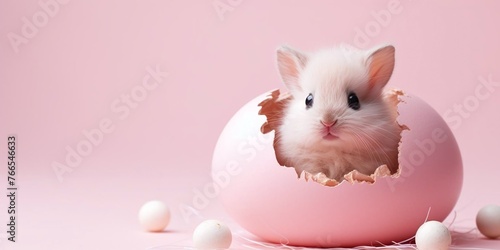 Adorable bunny emerging from pink Easter egg on soft background © Anutha
