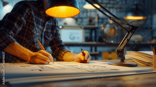 Blueprints to Reality An Architect's Hands Unrolling Detailed Architectural Plans on a Wooden Desk, Illuminated by Soft, Natural Light - This image begins its journey to creation. photo