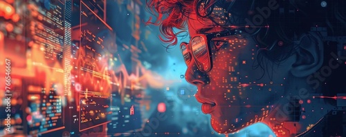 Futuristic cyberpunk-inspired cityscape with a contemplative person immersed in digital light. photo