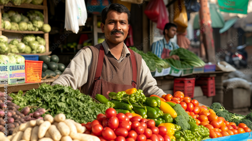 A man stands behind a table of vegetables, including tomatoes, peppers A man stands behind a table of vegetables, including tomatoes, peppers