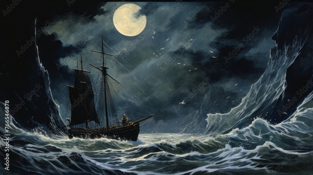 A ship is sailing in the ocean with a large moon in the background. Scene is dark and mysterious, with the stormy sea and the moon casting an eerie light on the scene - obrazy, fototapety, plakaty 