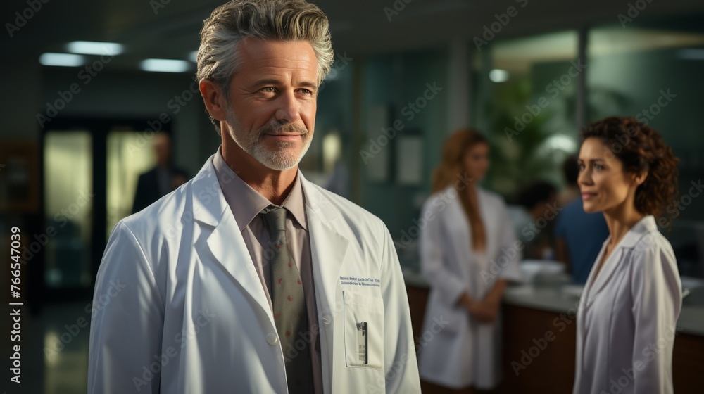 A man in a white lab coat and blue tie stands in a hospital hallway A man in a white lab coat and blue tie stands in a hospital hallway