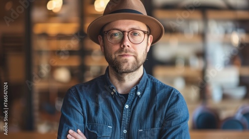 Man in hat and glasses. Casual style portrait in a cafe setting. © ANStudio
