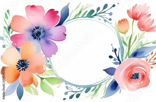 Watercolor flowers for postcard template, decorative wreath of leaves and branches. Watercolour composition for wedding invitation. Space for text in the middle.