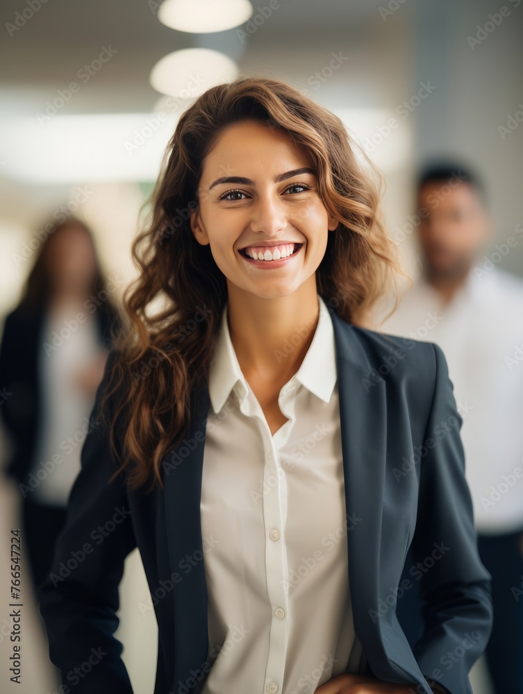 A woman in a business suit is smiling and posing for a photo A woman in a business suit is smiling and posing for a photo