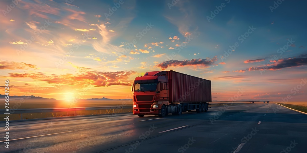 Container truck on highway at sunset with blue sky background in logistics importexport cargo transportation industry. Concept Logistics, Container truck, Highway, Sunset, Import/Export