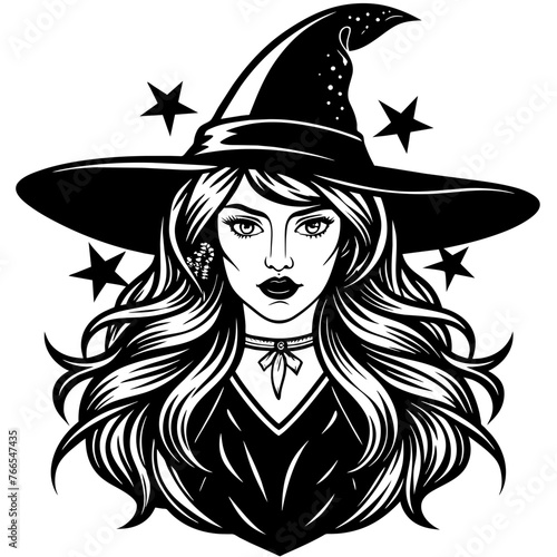 Graphic drawing portrait of a witch in a hat looking in front of her. a magical, mystical event. Concept - Walpurgis Night, Halloween, Sabbath