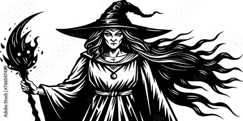 Graphic drawing portrait of a witch in a hat looking in front of her. a magical, mystical event. Concept - Walpurgis Night, Halloween, Sabbath