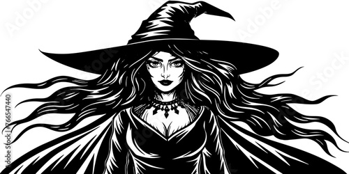 Graphic drawing portrait of a witch in a hat looking in front of her. a magical, mystical event. Concept - Walpurgis Night, Halloween, Sabbath