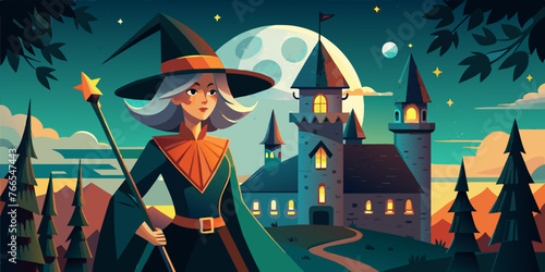 Enchanted Evening: A vibrant illustration featuring a witch, a cozy cottage, and mystical mountains.