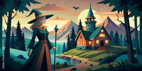 Enchanted Evening: A vibrant illustration featuring a witch, a cozy cottage, and mystical mountains.