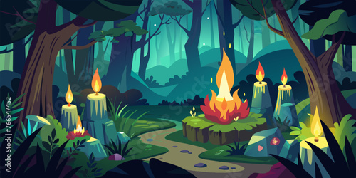 Mystical Forest Pathway: An enchanting illustration of a forest with a winding path, illuminated by magical candles. Perfect for fantasy themes.