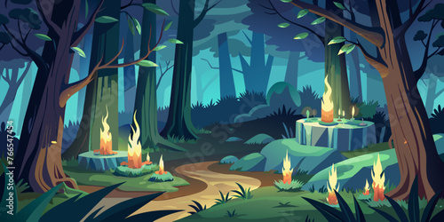 Mystical Forest Pathway: An enchanting illustration of a forest with a winding path, illuminated by magical candles. Perfect for fantasy themes.