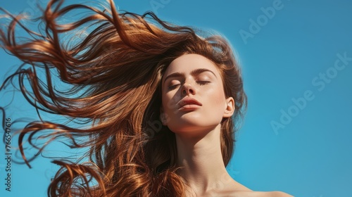 Woman with windblown brown hair against a blue sky. Outdoor beauty and freedom concept for design and print