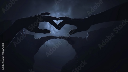 Bridge of Hope: Silhouetted Hands Coming Together Over a Dark Abyss, Symbolizing Unity and Assistance in Difficult Times - forming a bridge over a dark void. photo