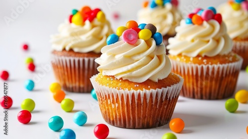 Colorful candy-topped cupcakes against a white backdrop.