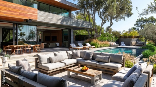 Luxurious outdoor patio area with comfortable seating and pool. Modern home exterior design. Lifestyle and leisure concept. © ANStudio