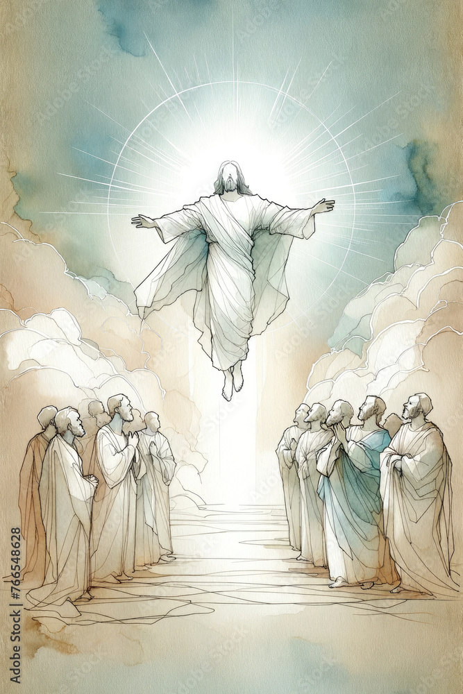 The Ascension of Jesus. Jesus ascending to Heaven after his resurrection. Digital illustration. - obrazy, fototapety, plakaty 