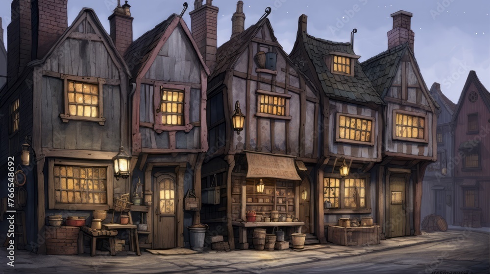 A row of old buildings with awnings and windows lit up at night. Scene is cozy and inviting