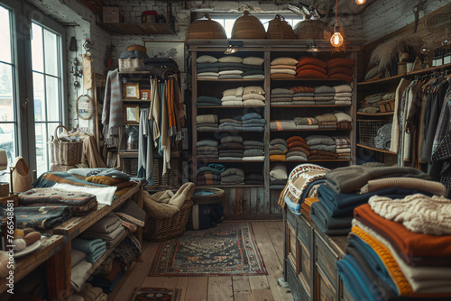Rural Farm Shop Interior with Eco-Friendly Wool Products. Assortment of Handmade Blankets and Sustainable Clothing on Wooden Shelves