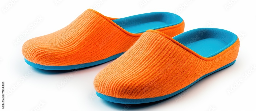 Vibrant orange and blue slippers placed neatly on a clean white background, showcasing a trendy footwear option Vibrant orange and blue slippers placed neatly on a clean white background, showcasing a trendy footwear option