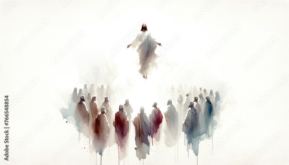 The Ascension of Jesus. Jesus ascending to Heaven after his resurrection. Digital watercolor painting. - obrazy, fototapety, plakaty 