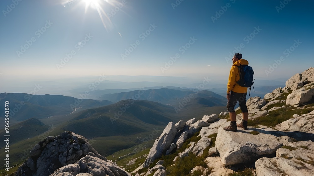 
A man stands on a cliff with a backpack and a backpack on it, The mountaineer standing on the top of the Alancic mountin in the Velebit mountain range enjoying the view, Croatia,Ai Generated 
