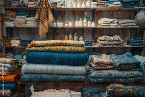 Rural Farm Shop Interior with Eco-Friendly Wool Products. Assortment of Handmade Blankets and Sustainable Clothing on Wooden Shelves