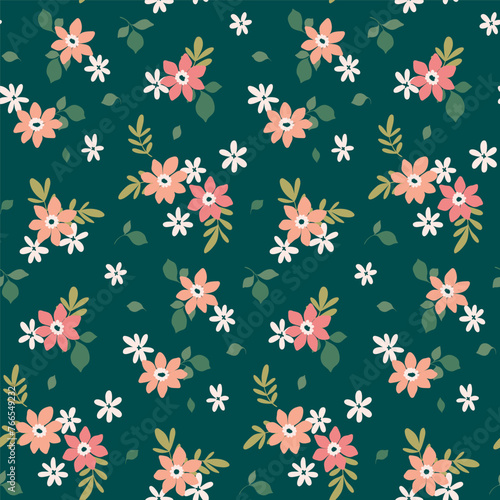 Seamless floral pattern, liberty ditsy print of pretty mini daisies. Cute botanical wallpaper, textile design: small hand drawn flowers, tiny leaves, simple bouquets abstract. Vector illustration.