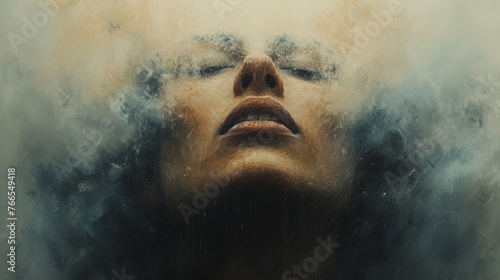 A compelling artistic representation of a woman's face partially obscured by a smoky, cloud-like texture, invoking a sense of fusion with the natural elements