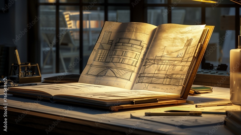 Creative Process Unveiled Architect's Sketchbook Open on a Drafting