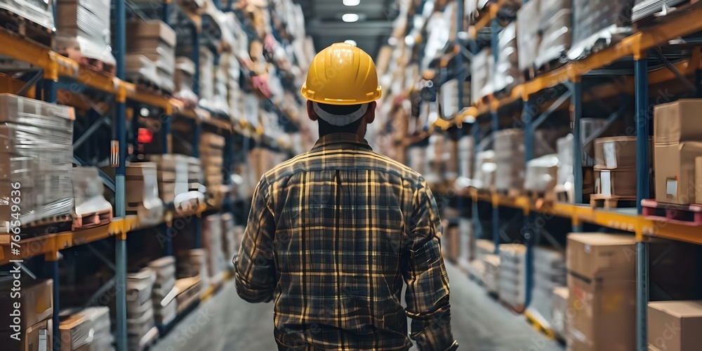 A male worker in a hard hat carrying boxes in a retail warehouse full of shelves. Concept Retail Warehouse worker, Hard Hat, Box Carrying, Shelf Organization - obrazy, fototapety, plakaty 