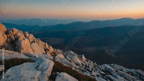 A man stands on a cliff with a backpack and a backpack on it, The mountaineer standing on the top of the Alancic mountin in the Velebit mountain range enjoying the view, Croatia,Ai Generated 