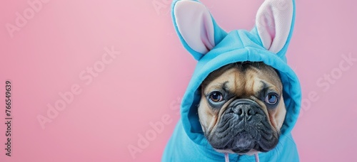 A cute French Bulldog dog in an Easter bunny costume © nikolettamuhari