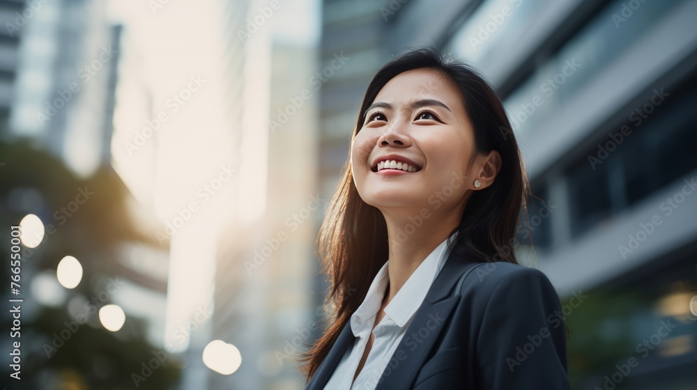 Obraz premium A woman wearing a gray jacket and white shirt is holding a tablet in her hand