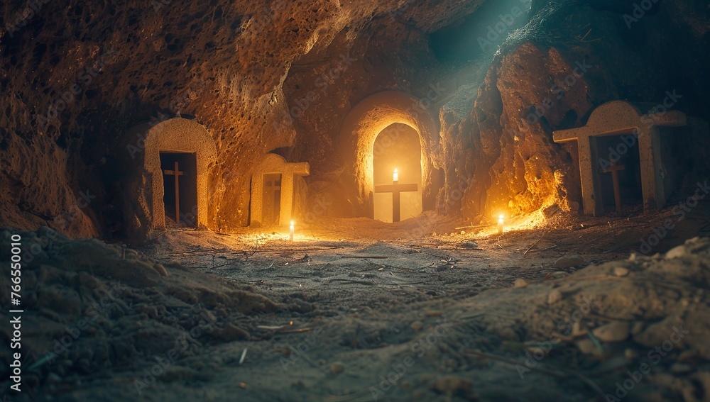 A tomb with stone doors open, showing the cross of Jesus Christ on Easter morning