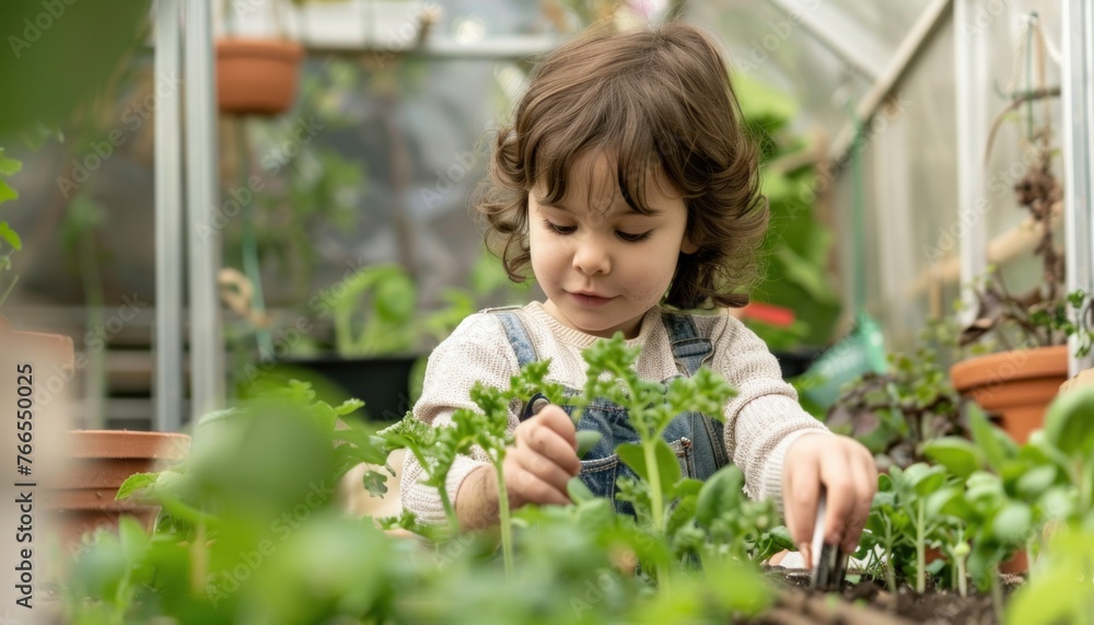 Young child gardening in greenhouse Young child gardening in greenhouse