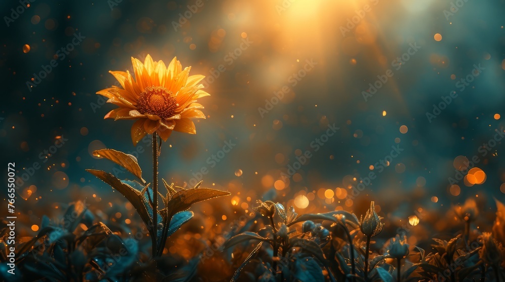 A single sunflower stands tall, basking in the ethereal light of dusk, creating a tranquil yet vibrant scene in nature