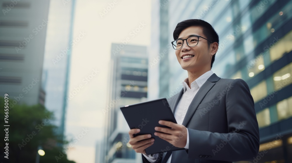 A man wearing a suit and glasses is holding a tablet in his hand A man wearing a suit and glasses is holding a tablet in his hand
