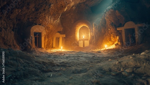 A tomb with stone doors open, showing the cross of Jesus Christ on Easter morning