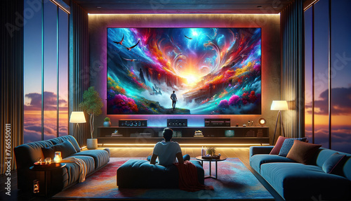Wallpaper Mural home entertainment setup, featuring a person relaxing in a modern living room and watching a large, vibrant screen. T Torontodigital.ca