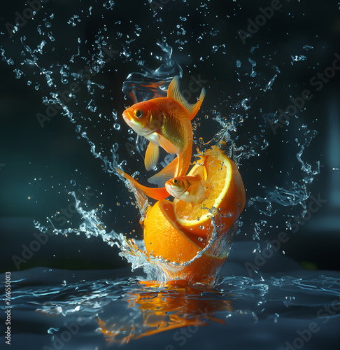 Goldfish jumping out of water and oranges on black background.