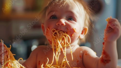 Funny baby with spaghetti hanging from mouth