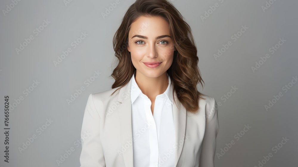 A woman in a white blazer and blue skirt is smiling for the camera A woman in a white blazer and blue skirt is smiling for the camera